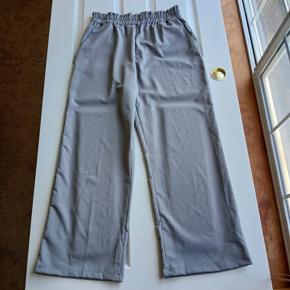 Grey Wide Leg High Rise Pants XL elastic waist pockets comfy office palazzo - Picture 2 of 11
